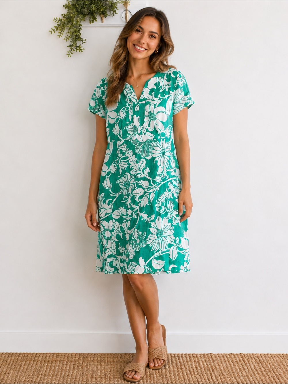 Talbots linen cotton green white floral botanical print shift dress womens 10